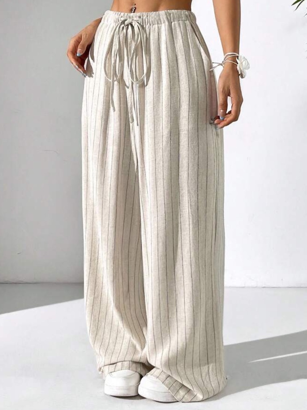 ✨3/$30✨ SHEIN Wide Leg Linen Look Striped Pants Apricot Beige Plus Size 1XL